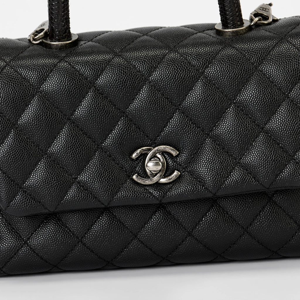 Chanel Small Coco Handle Flap Bag Black Quilted Caviar Leather