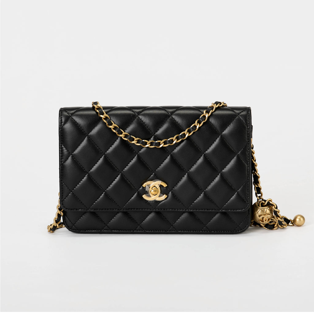 Chanel Wallet On Chain WOC Black Quilted Lambskin Leather Gold Pearl Ball Hardware