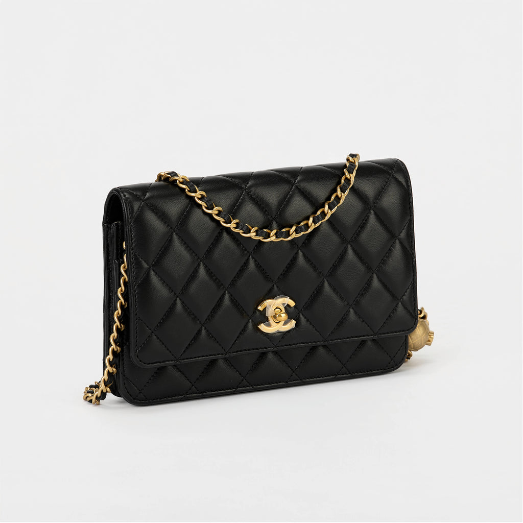 Chanel Wallet On Chain WOC Black Quilted Lambskin Leather Gold Pearl Ball Hardware