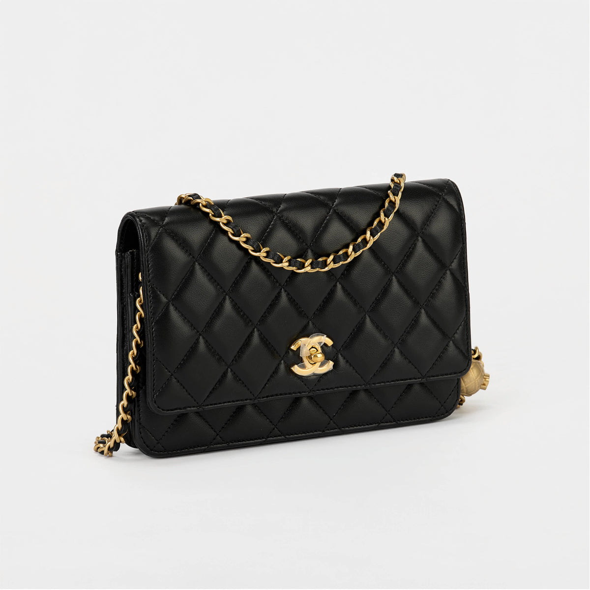 Chanel Wallet On Chain WOC Black Quilted Lambskin Leather Gold Pearl Ball Hardware