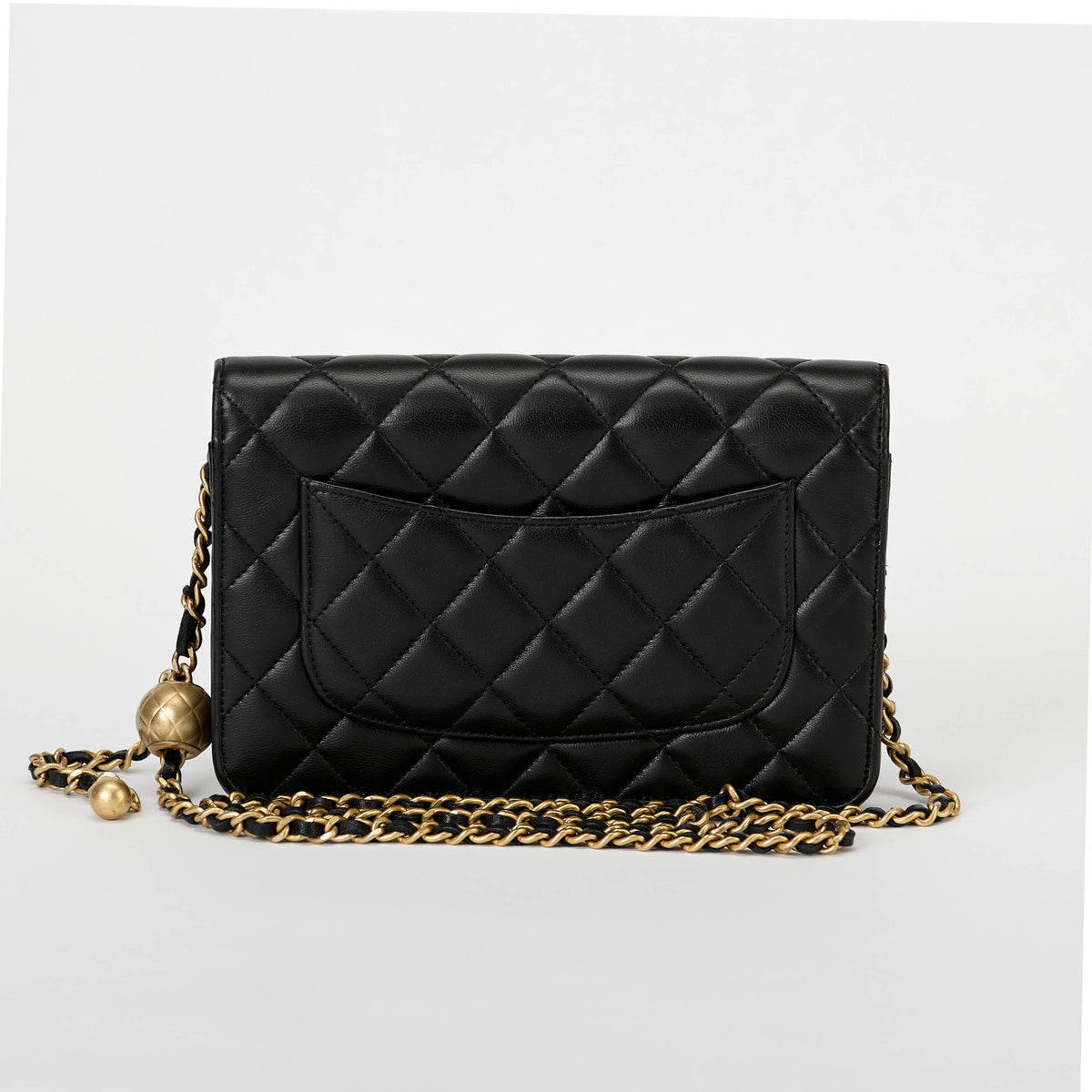 Chanel Wallet On Chain WOC Black Quilted Lambskin Leather Gold Pearl Ball Hardware