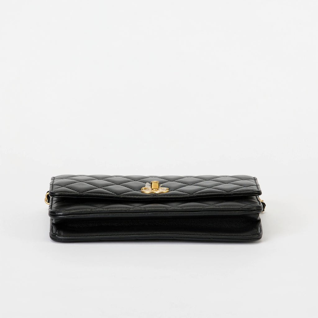 Chanel Wallet On Chain WOC Black Quilted Lambskin Leather Gold Pearl Ball Hardware