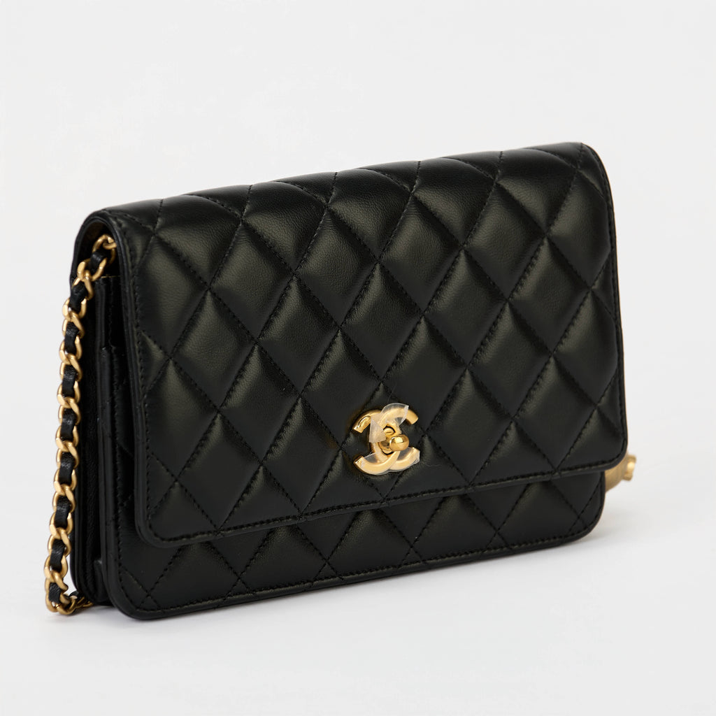 Chanel Wallet On Chain WOC Black Quilted Lambskin Leather Gold Pearl Ball Hardware