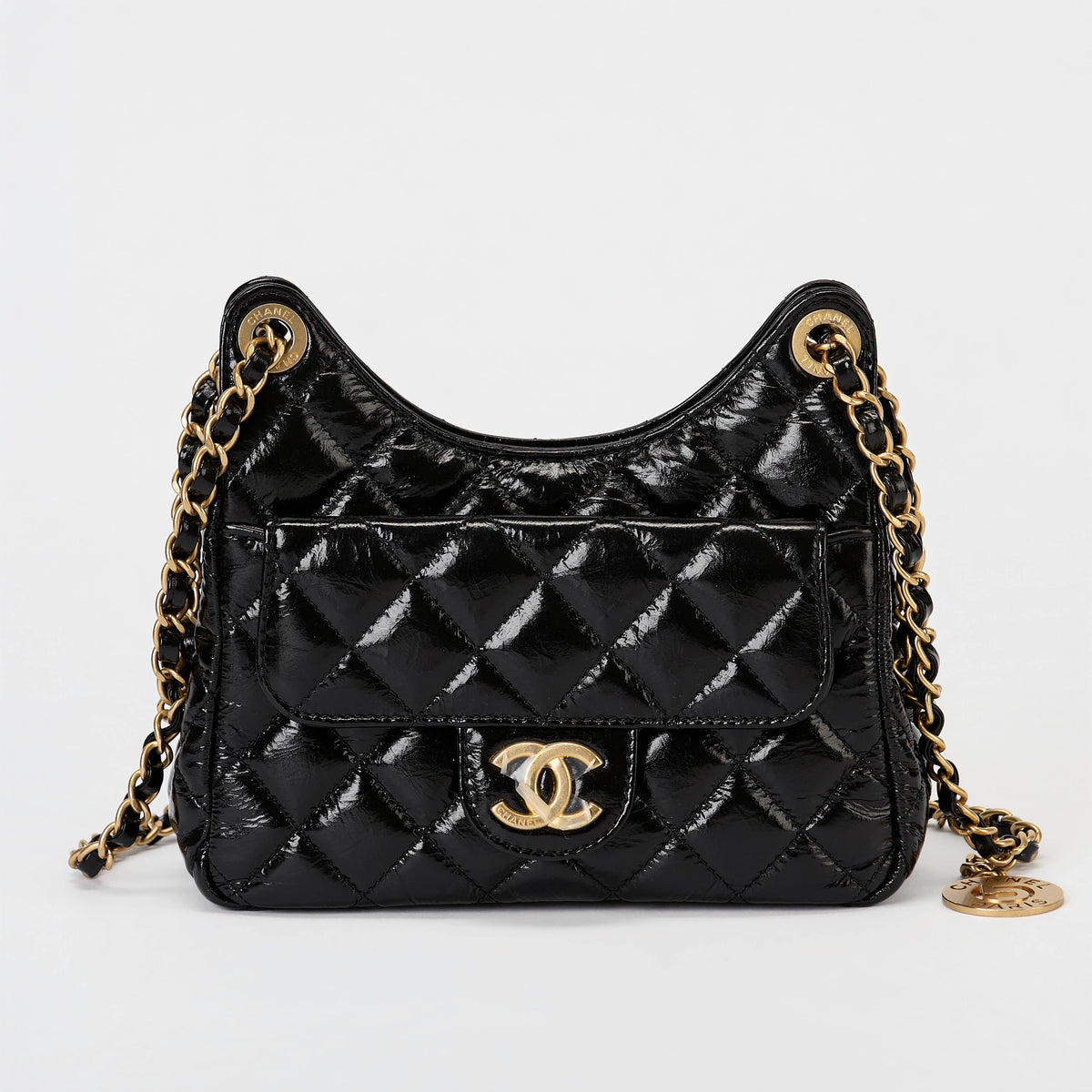 Chanel Small Hobo Bag Black Quilted Crinkled Shiny Calfskin Gold Hardware