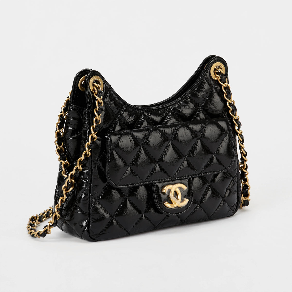 Chanel Small Hobo Bag Black Quilted Crinkled Shiny Calfskin Gold Hardware