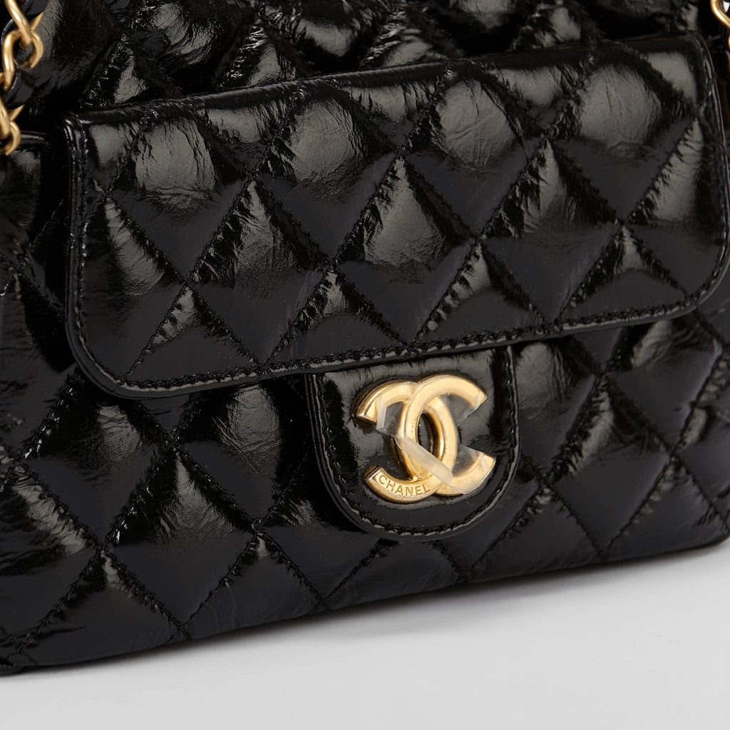 Chanel Small Hobo Bag Black Quilted Crinkled Shiny Calfskin Gold Hardware