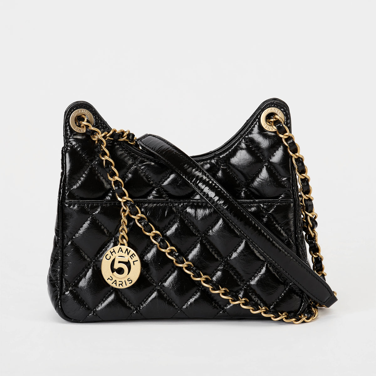 Chanel Small Hobo Bag Black Quilted Crinkled Shiny Calfskin Gold Hardware