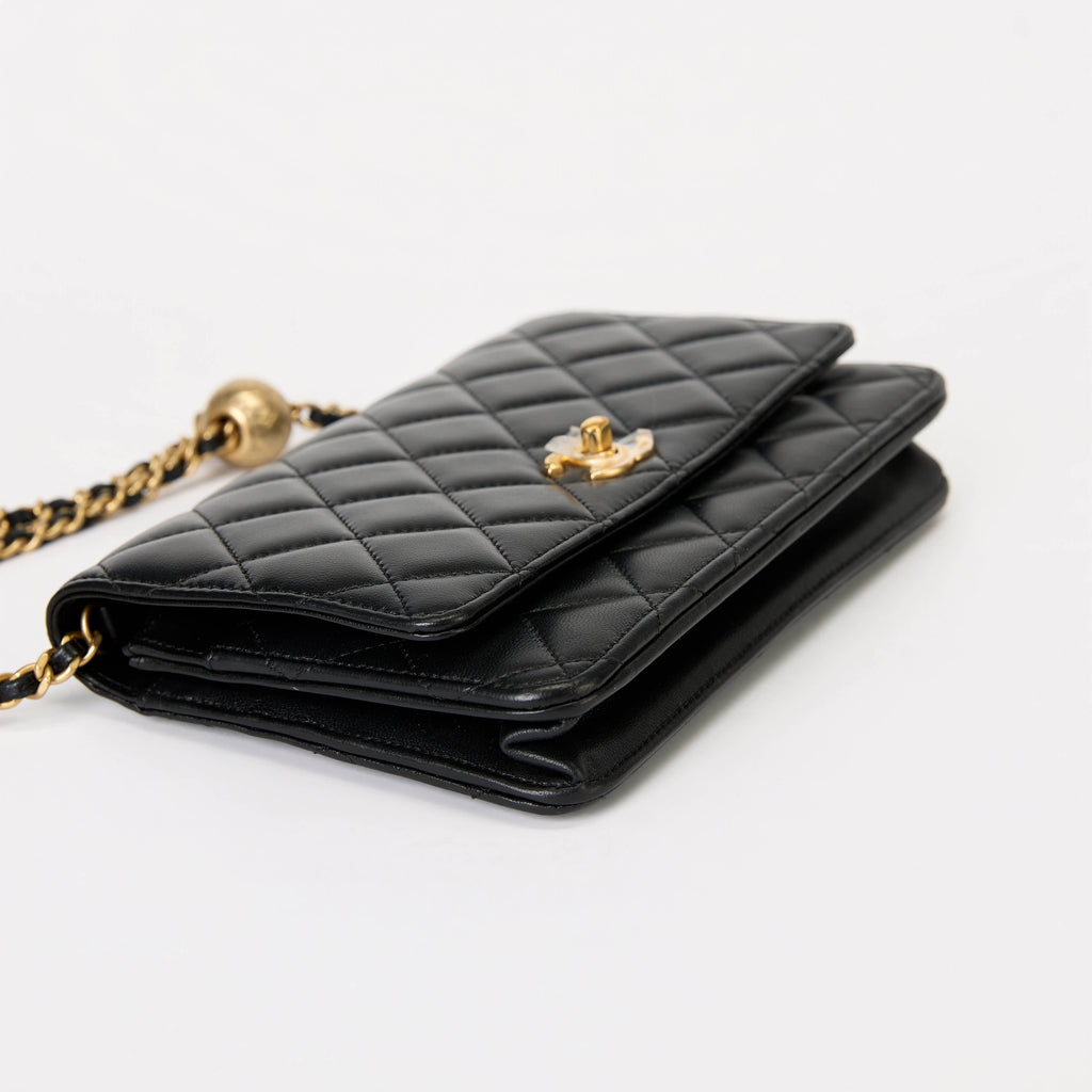 Chanel Wallet On Chain WOC Black Quilted Lambskin Leather Gold Pearl Ball Hardware