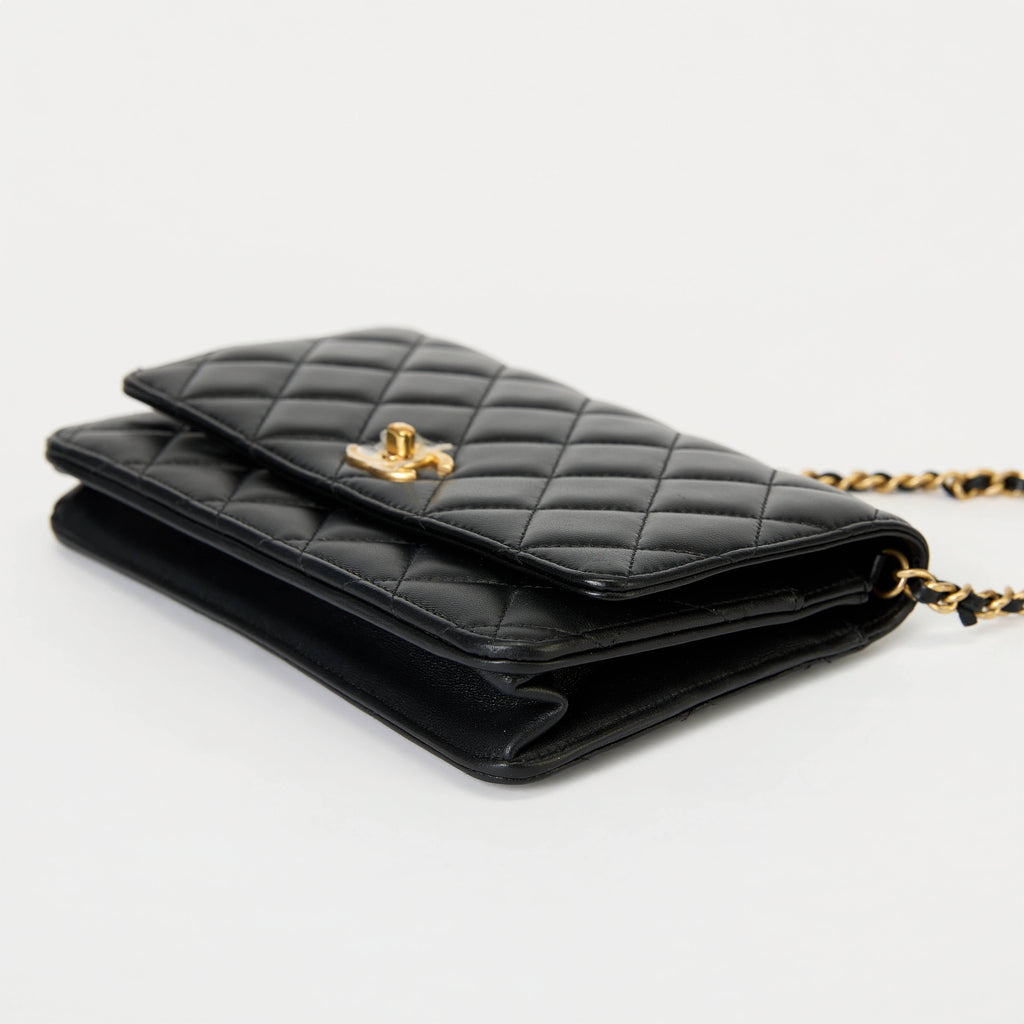 Chanel Wallet On Chain WOC Black Quilted Lambskin Leather Gold Pearl Ball Hardware