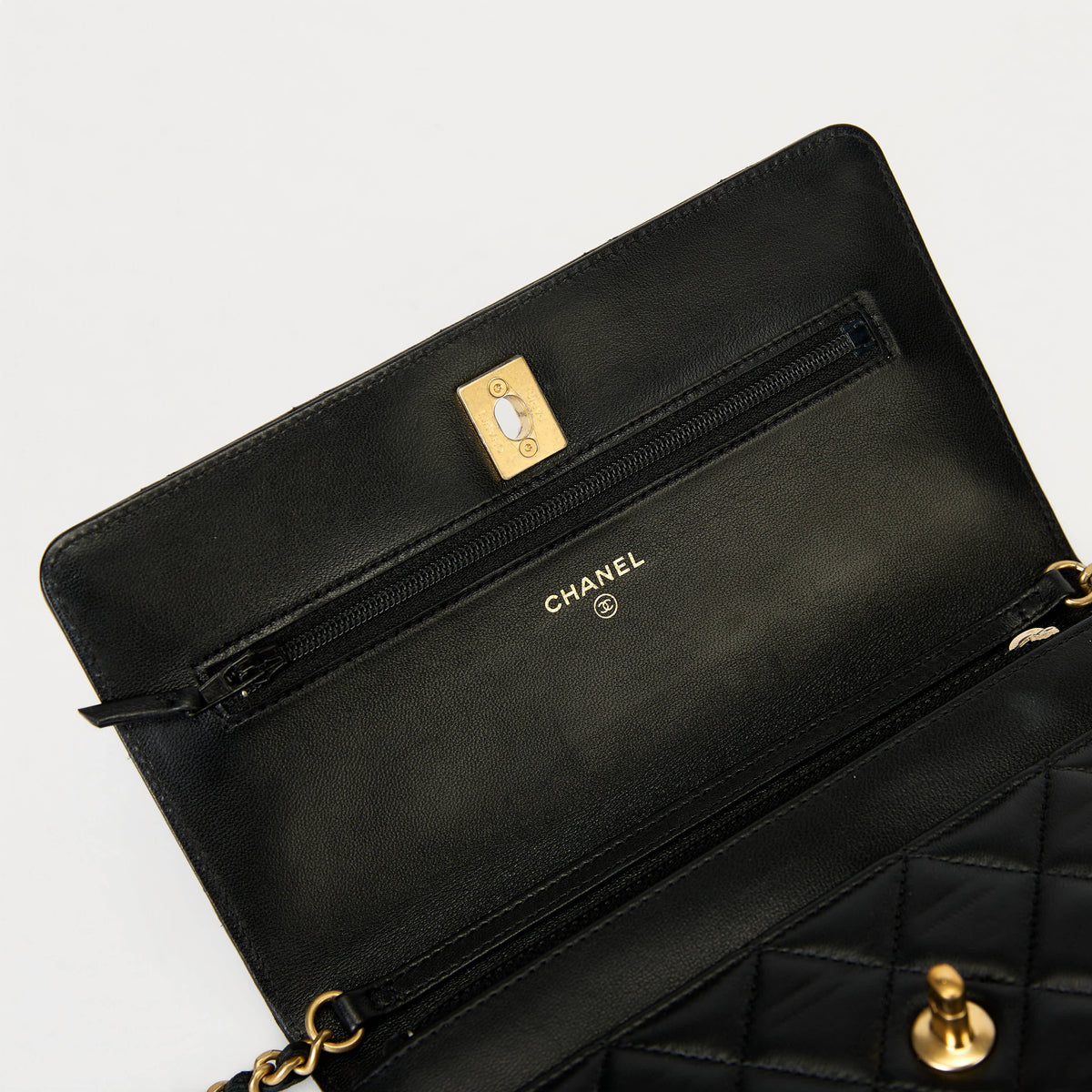 Chanel Wallet On Chain WOC Black Quilted Lambskin Leather Gold Pearl Ball Hardware