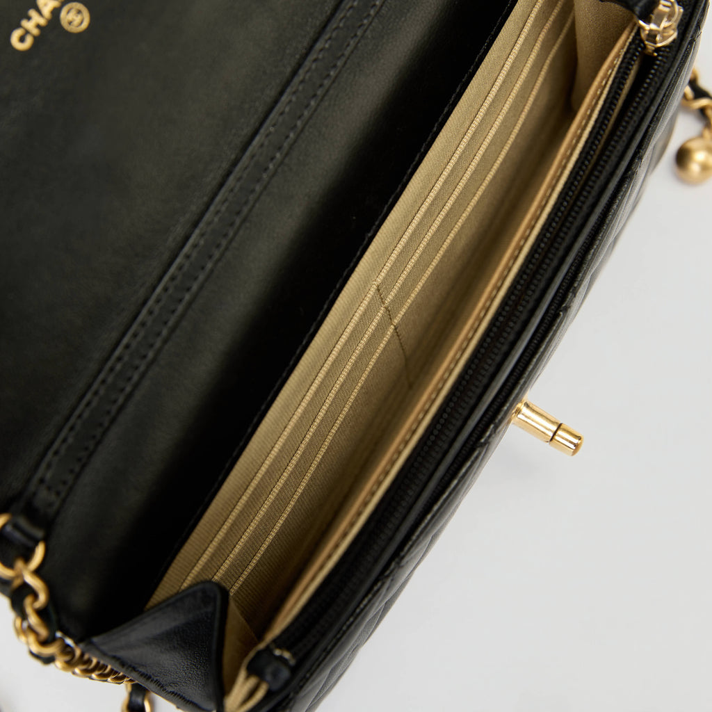 Chanel Wallet On Chain WOC Black Quilted Lambskin Leather Gold Pearl Ball Hardware