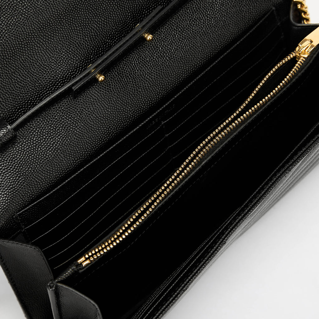 YSL Envelope Wallet On Chain Black Chevron Grained Leather Gold Hardware