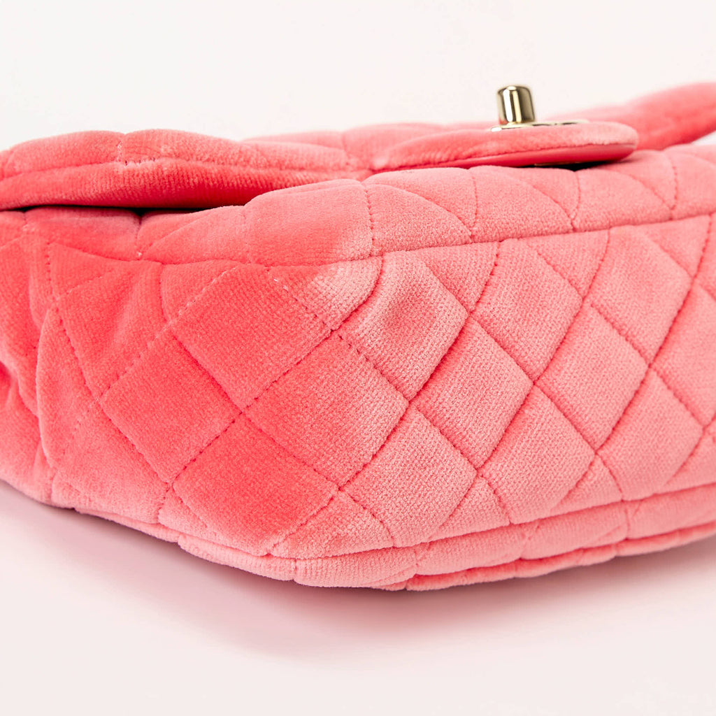 Chanel Mini Crystal Pearl Ball Flap Bag Hot Pink Quilted Velvet Leather Gold Hardware