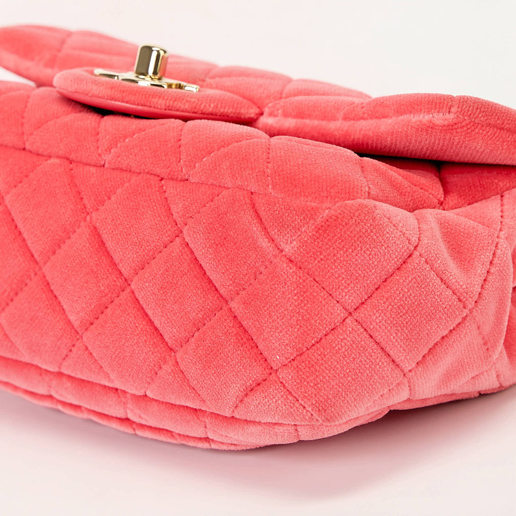 Chanel Mini Crystal Pearl Ball Flap Bag Hot Pink Quilted Velvet Leather Gold Hardware