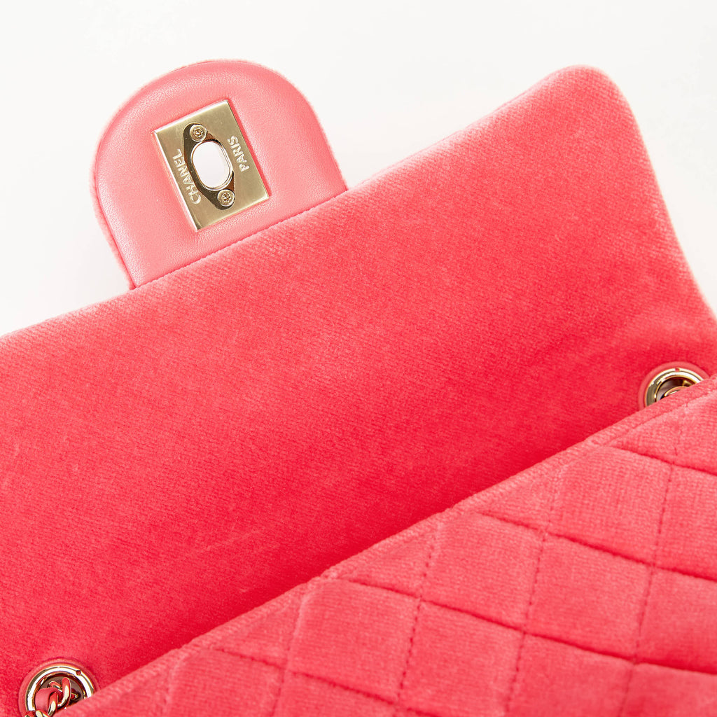 Chanel Mini Crystal Pearl Ball Flap Bag Hot Pink Quilted Velvet Leather Gold Hardware
