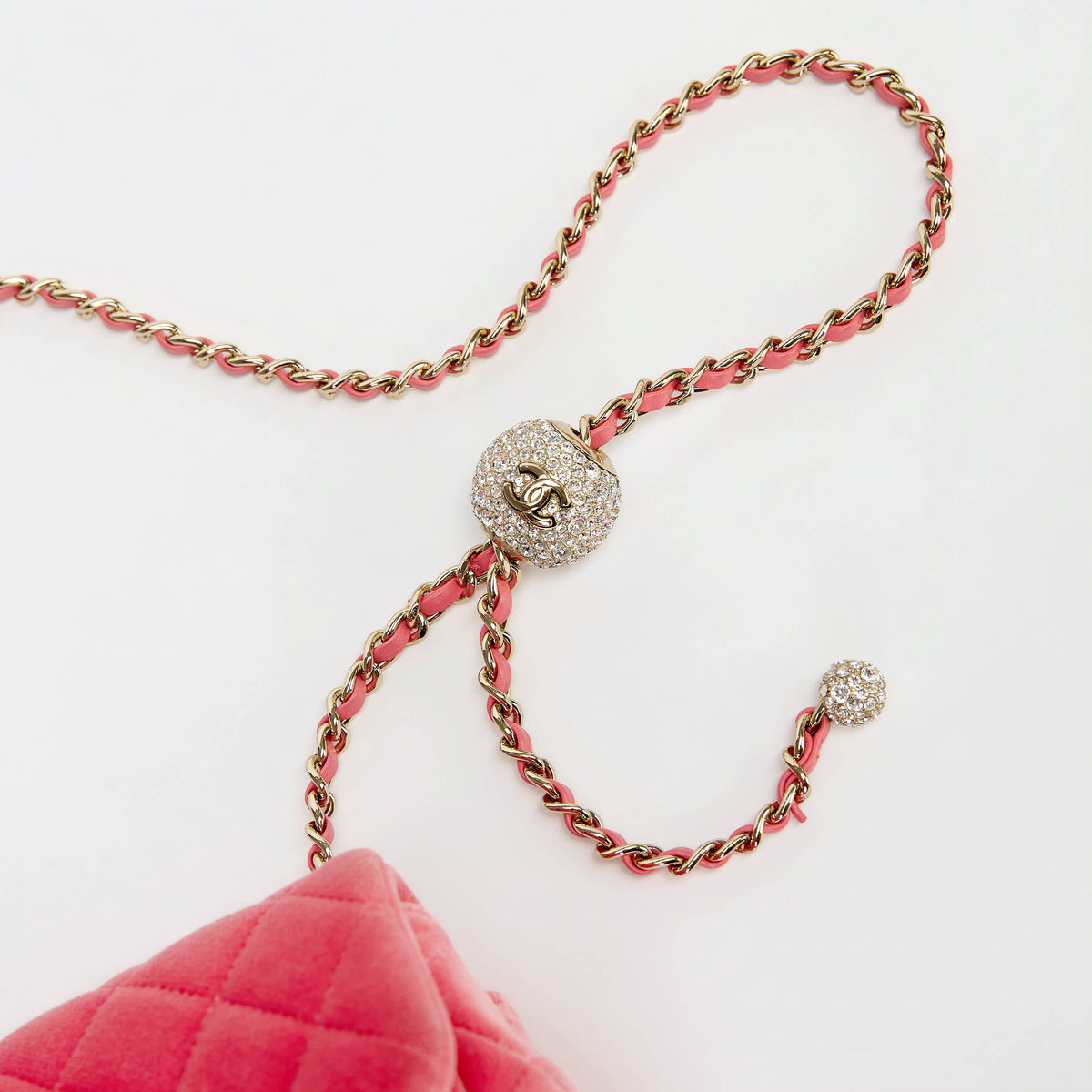 Chanel Mini Crystal Pearl Ball Flap Bag Hot Pink Quilted Velvet Leather Gold Hardware