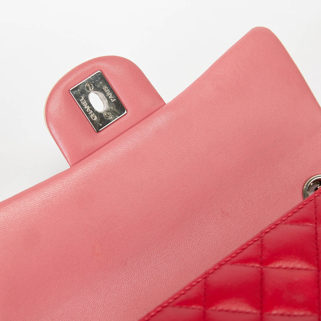 Chanel Classic Flap Bag Tri‑Color Pink Red Beige Quilted Lambskin Silver Hardware With Charms
