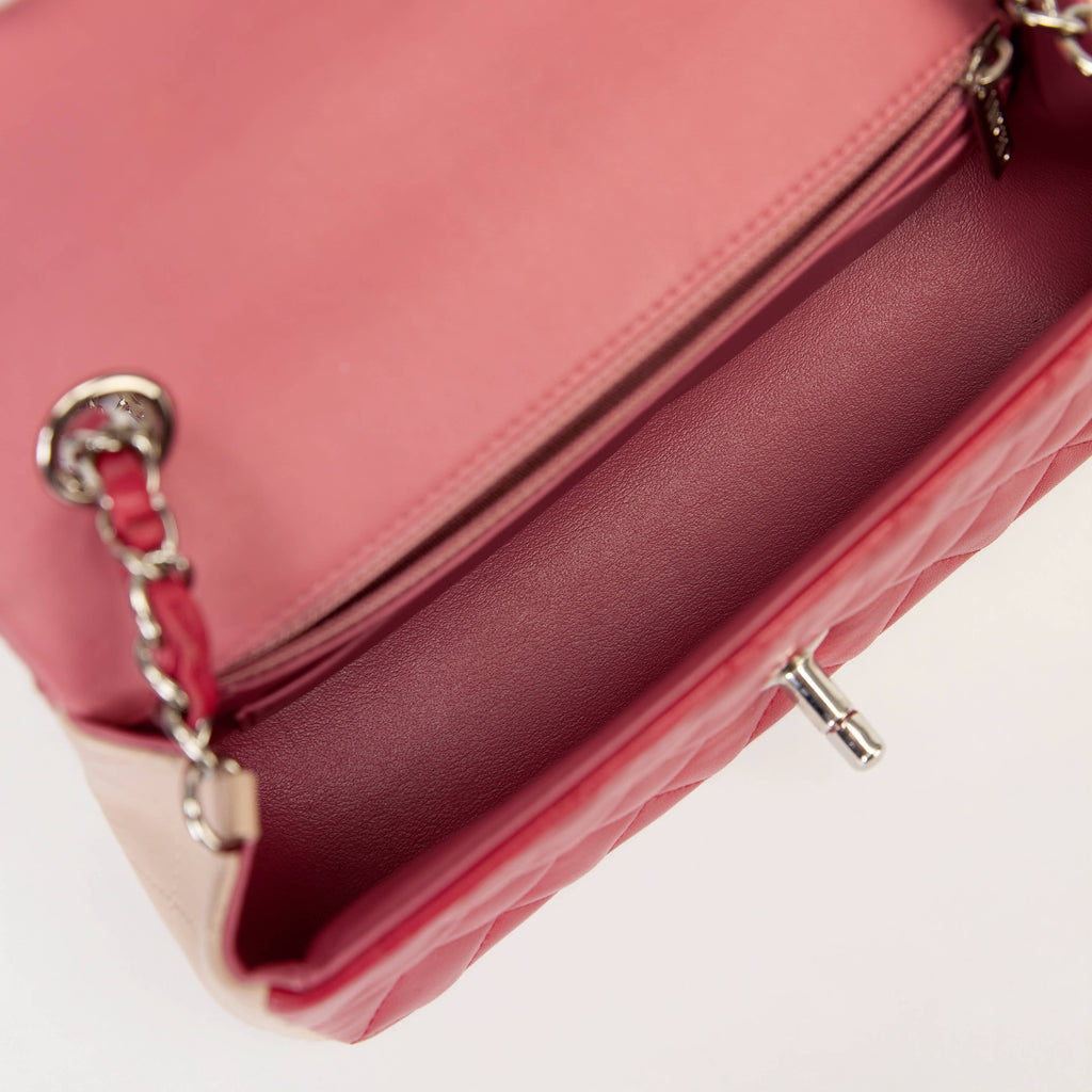 Chanel Classic Flap Bag Tri‑Color Pink Red Beige Quilted Lambskin Silver Hardware With Charms