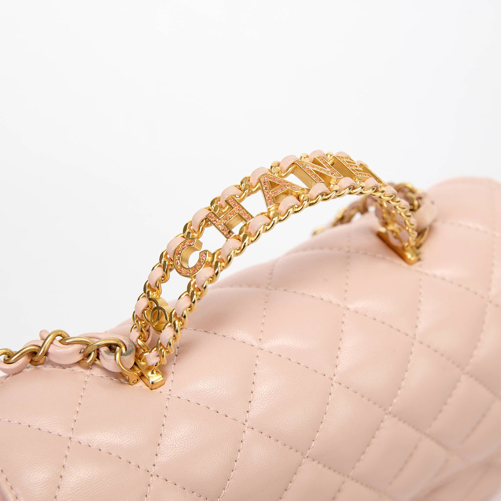 Chanel Quilted Flap Bag Light Pink Lambskin Chain‑Woven Top Handle Gold Hardware