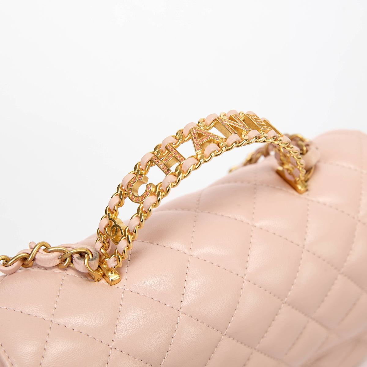 Chanel Quilted Flap Bag Light Pink Lambskin Chain‑Woven Top Handle Gold Hardware