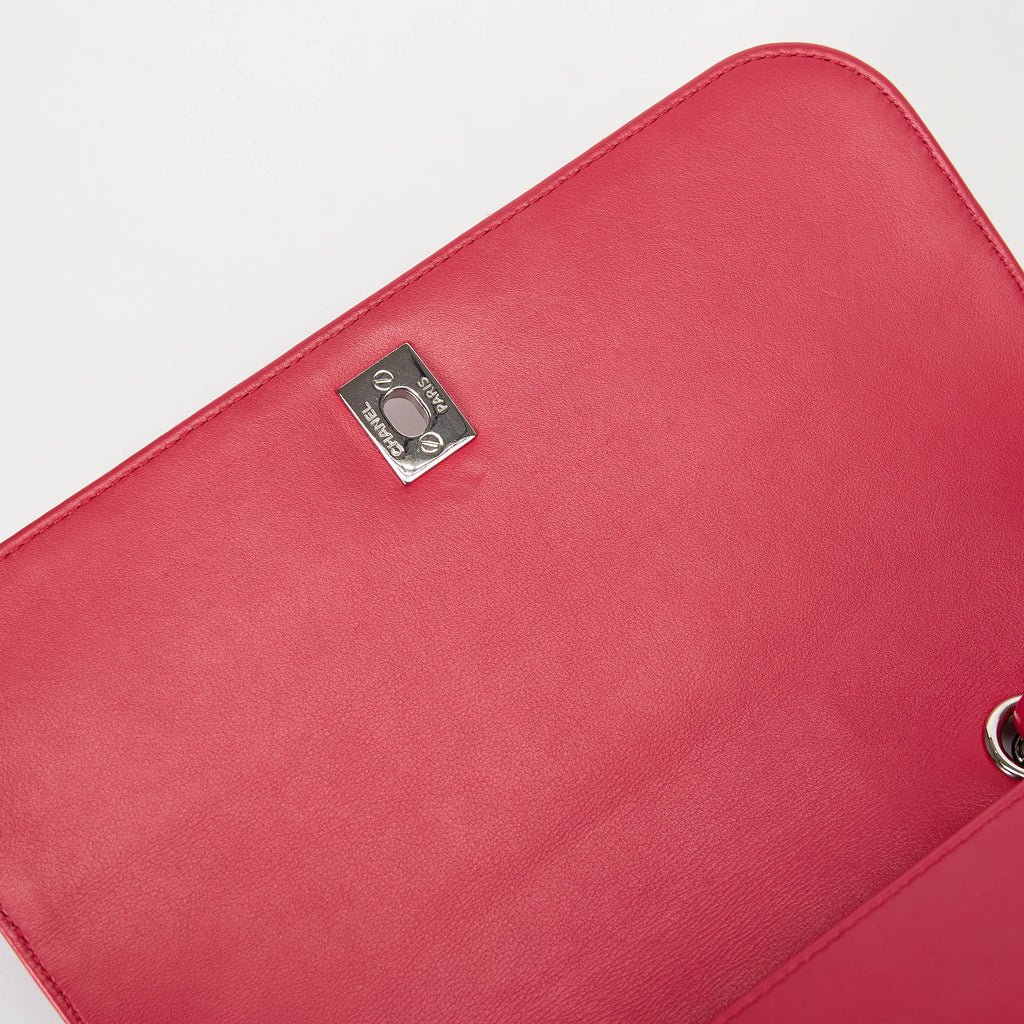 Chanel Flap Bag Fuchsia Pink Smooth Lambskin Partial Quilt Silver‑Tone Hardware