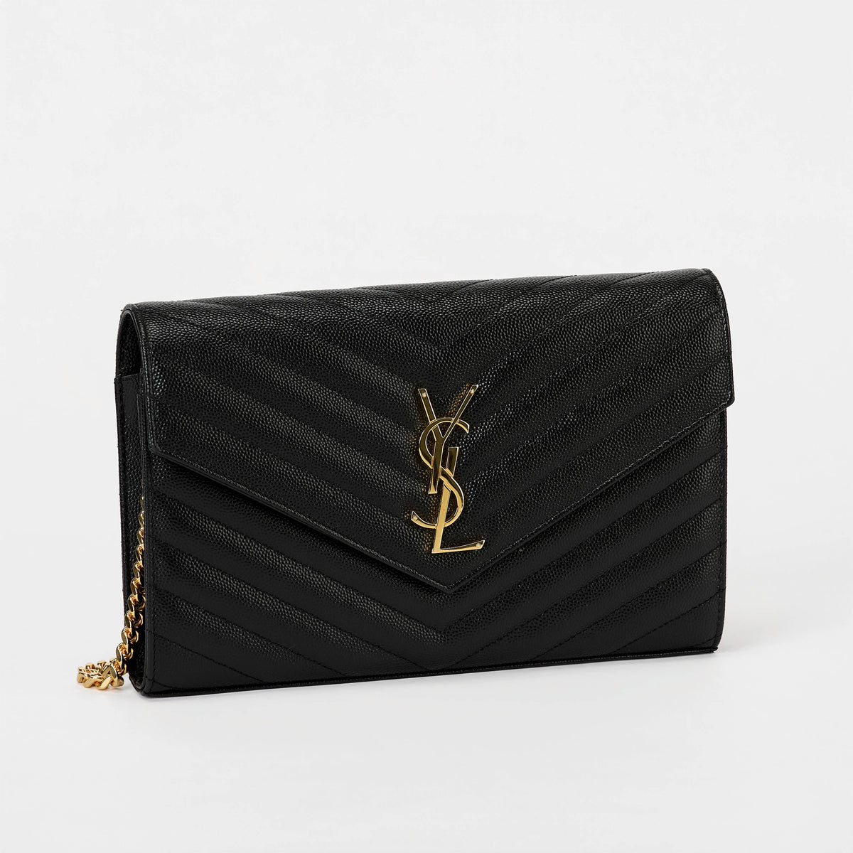 YSL Envelope Wallet On Chain Black Chevron Grained Leather Gold Hardware
