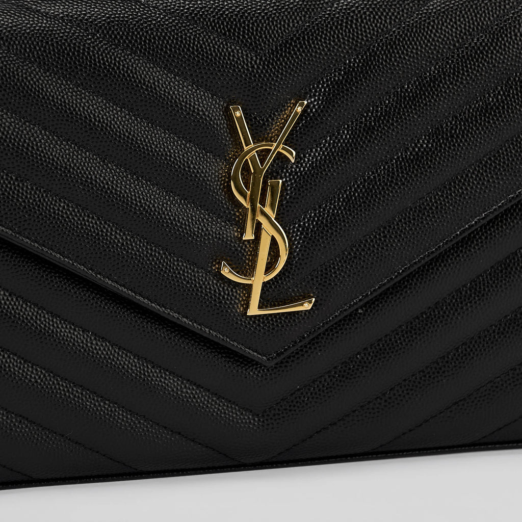 YSL Envelope Wallet On Chain Black Chevron Grained Leather Gold Hardware