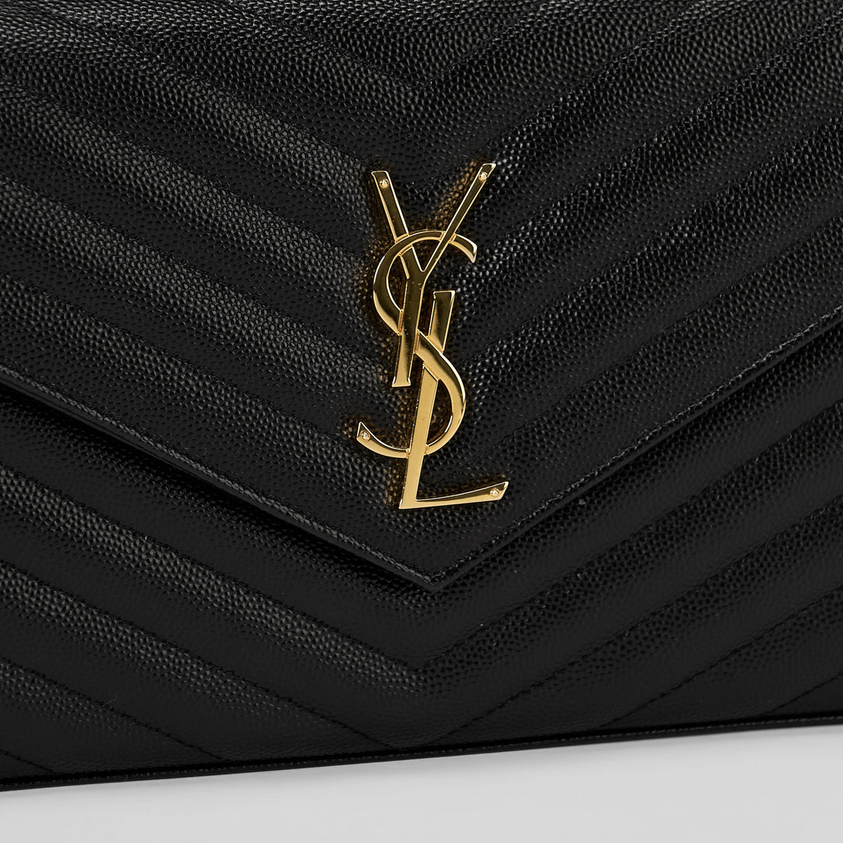 YSL Envelope Wallet On Chain Black Chevron Grained Leather Gold Hardware