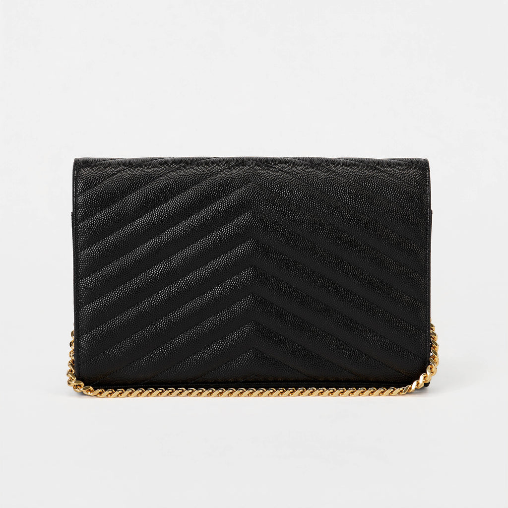 YSL Envelope Wallet On Chain Black Chevron Grained Leather Gold Hardware