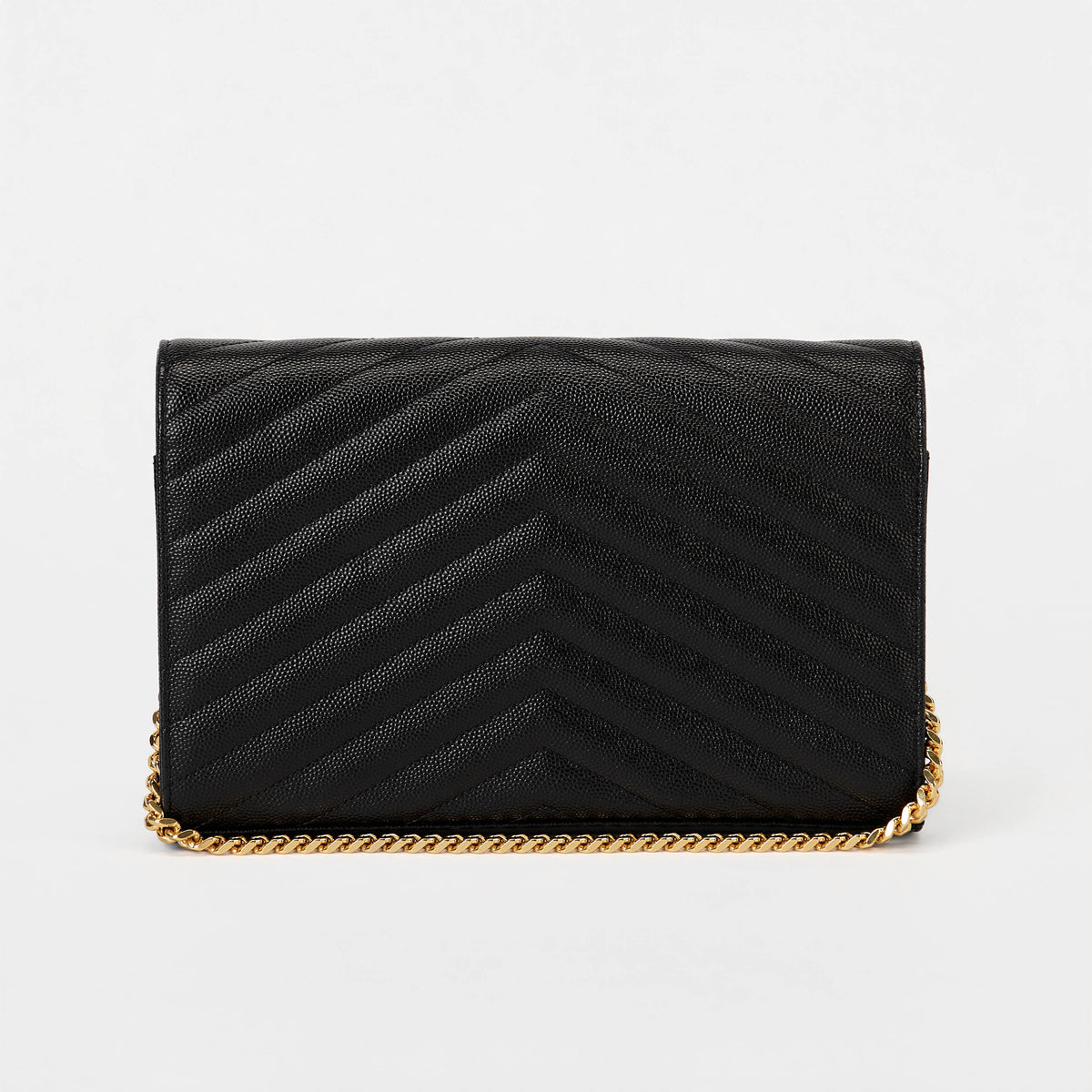 YSL Envelope Wallet On Chain Black Chevron Grained Leather Gold Hardware