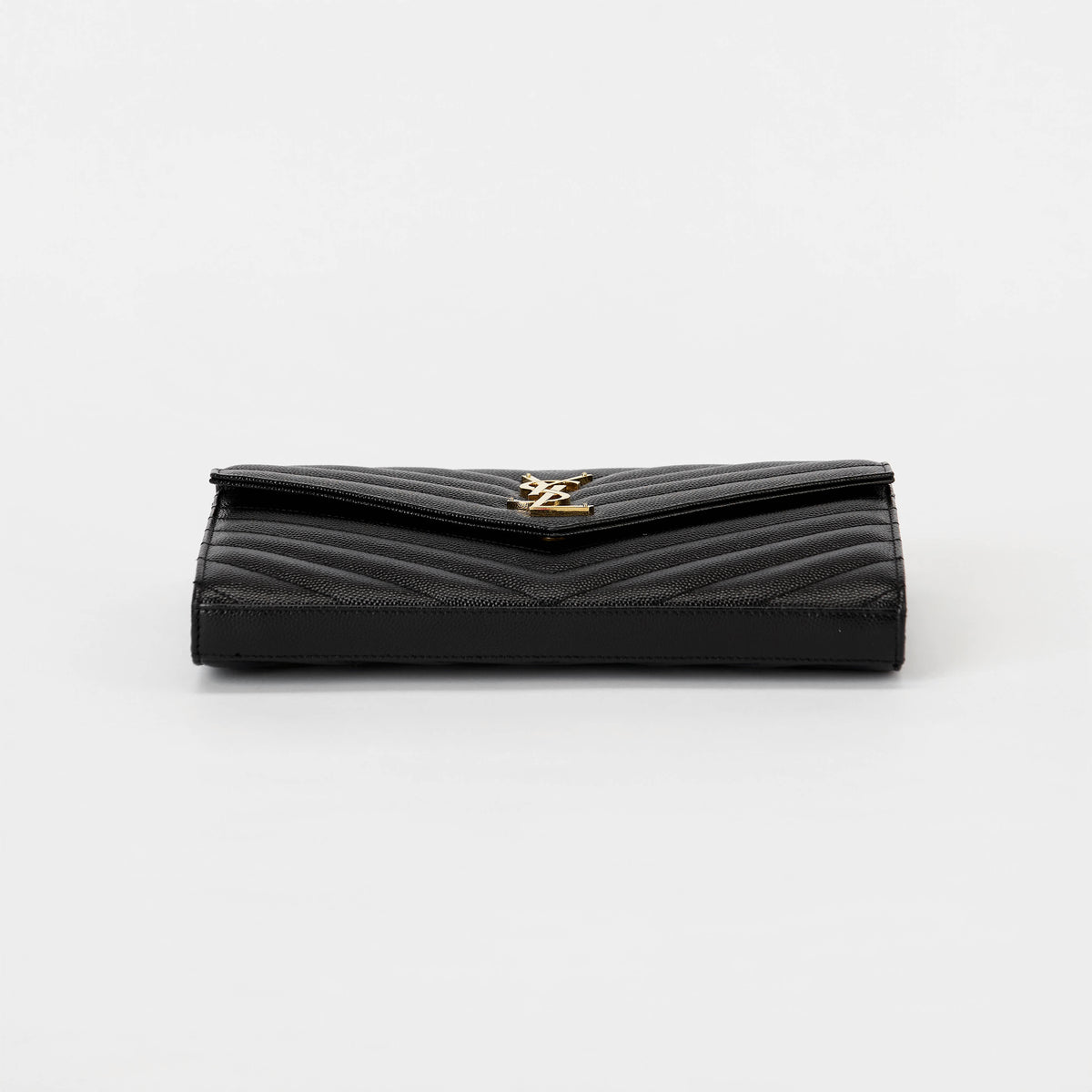 YSL Envelope Wallet On Chain Black Chevron Grained Leather Gold Hardware