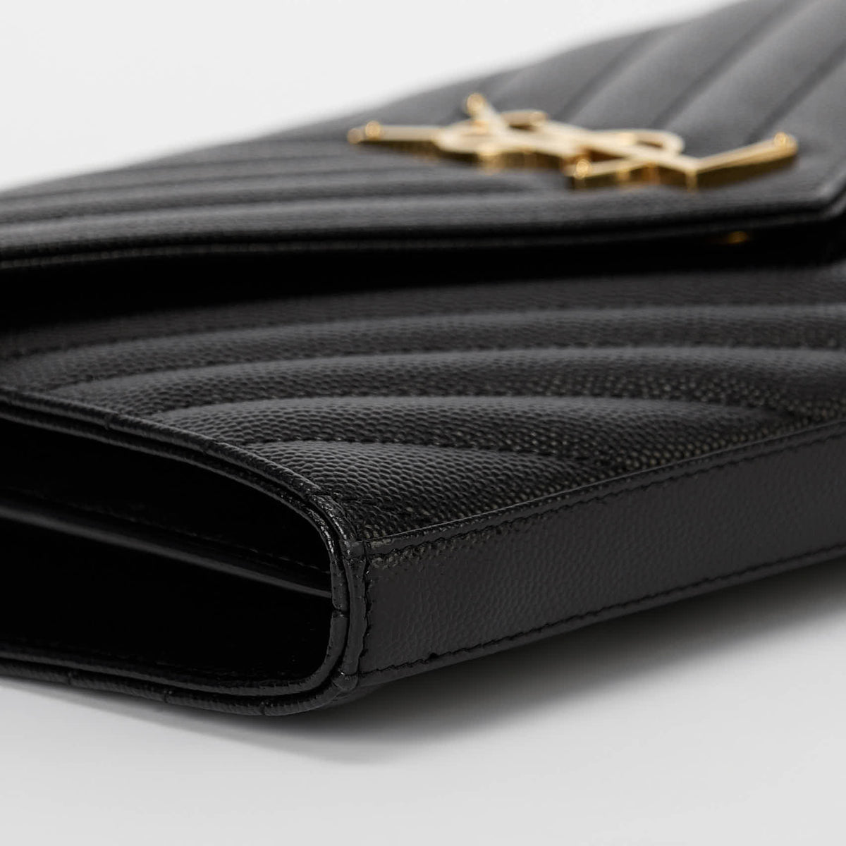 YSL Envelope Wallet On Chain Black Chevron Grained Leather Gold Hardware