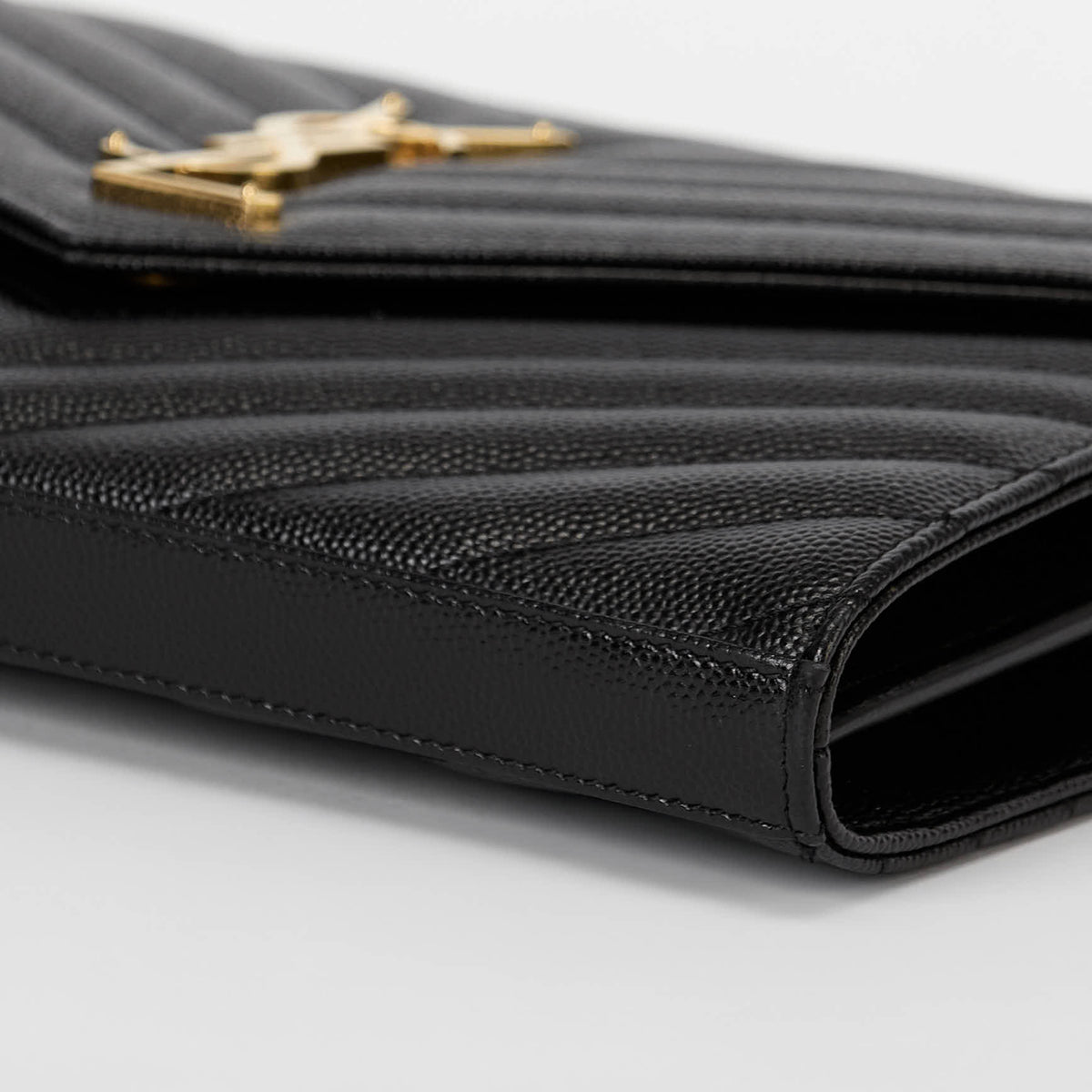 YSL Envelope Wallet On Chain Black Chevron Grained Leather Gold Hardware