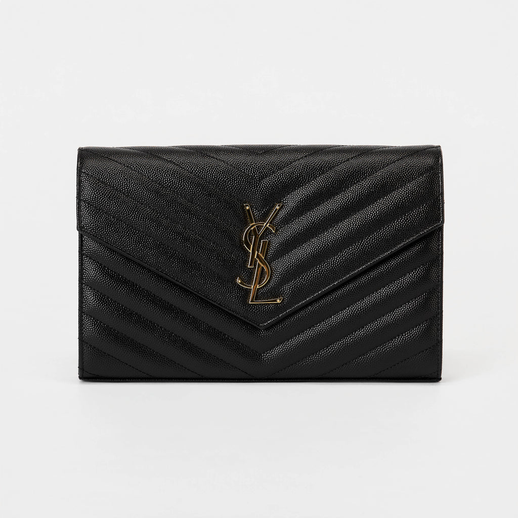 YSL Envelope Wallet On Chain Black Chevron Grained Leather Gold Hardware