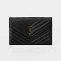 YSL Envelope Wallet On Chain Black Chevron Grained Leather Gold Hardware