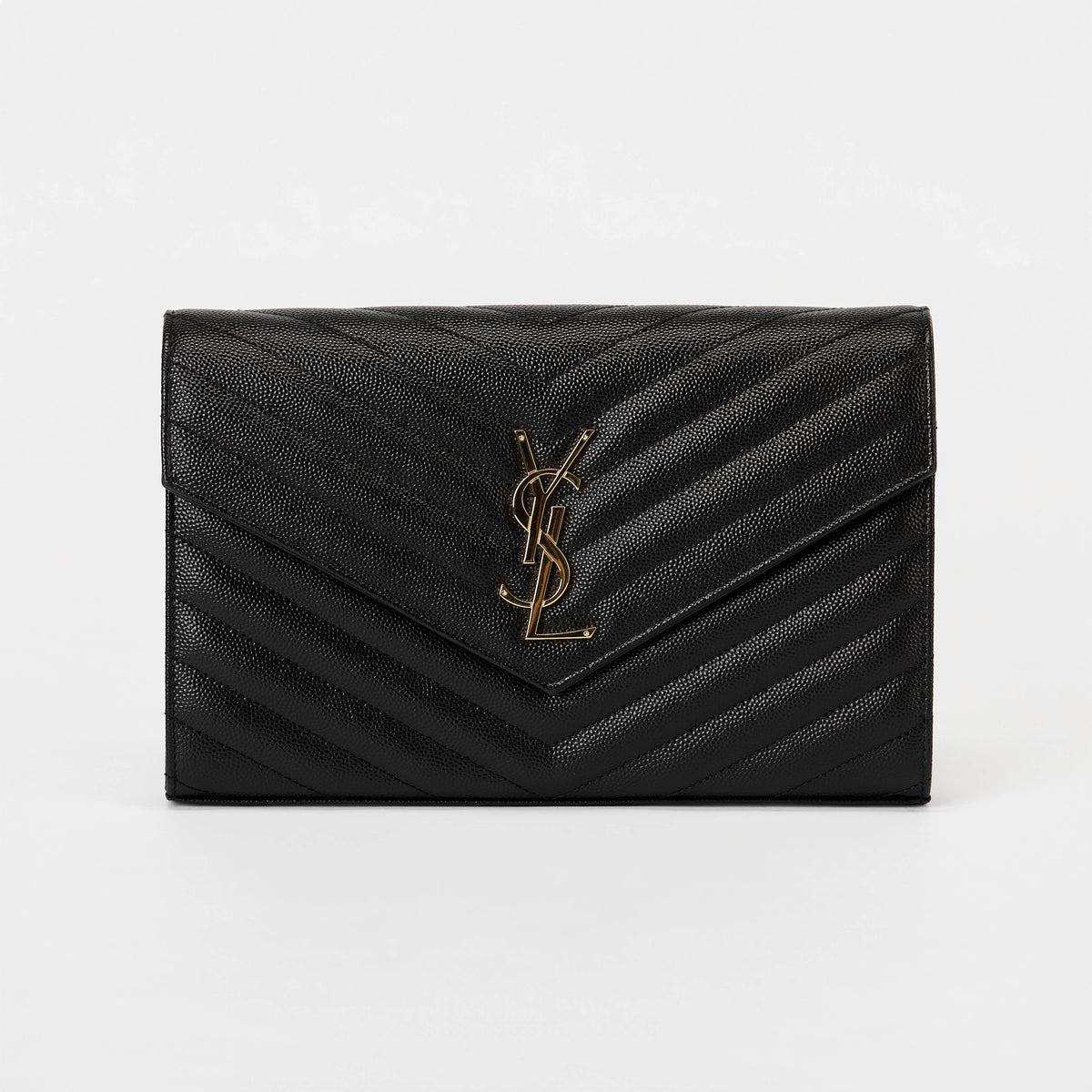 YSL Envelope Wallet On Chain Black Chevron Grained Leather Gold Hardware