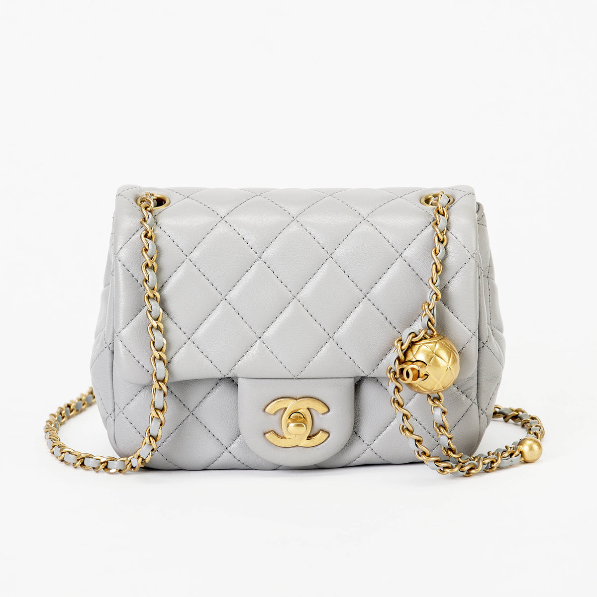 Chanel Mini Pearl Ball Flap Bag Light Grey Quilted Lambskin Leather Gold Hardware