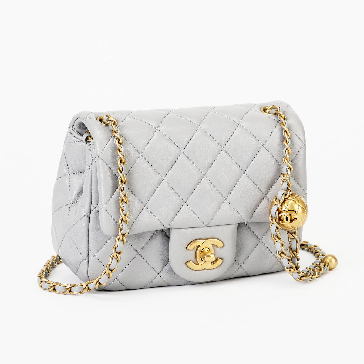 Chanel Mini Pearl Ball Flap Bag Light Grey Quilted Lambskin Leather Gold Hardware