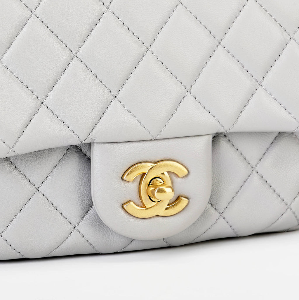 Chanel Mini Pearl Ball Flap Bag Light Grey Quilted Lambskin Leather Gold Hardware