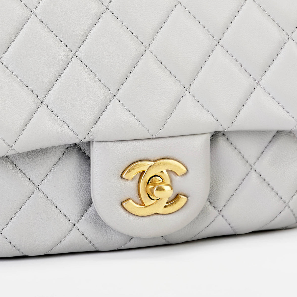 Chanel Mini Pearl Ball Flap Bag Light Grey Quilted Lambskin Leather Gold Hardware