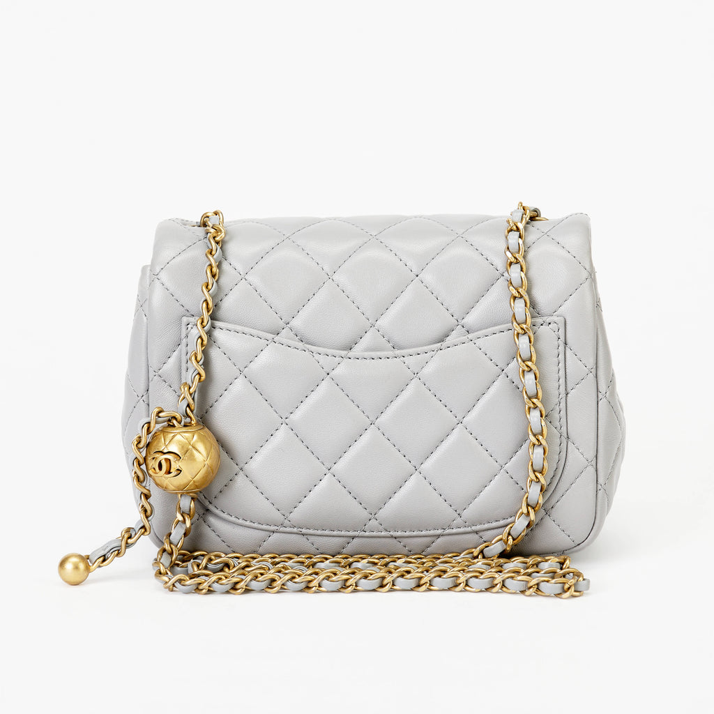 Chanel Mini Pearl Ball Flap Bag Light Grey Quilted Lambskin Leather Gold Hardware