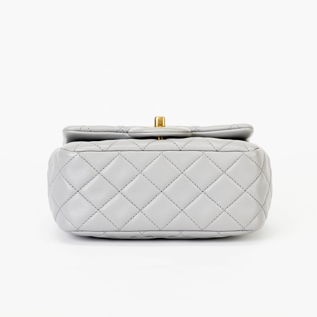 Chanel Mini Pearl Ball Flap Bag Light Grey Quilted Lambskin Leather Gold Hardware