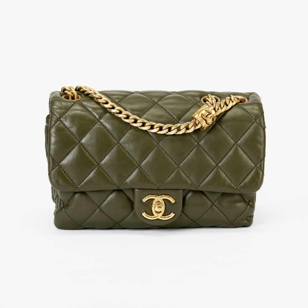 Chanel Medium Camellia Turnlock Flap Bag Olive Green Quilted Lambskin Leather Gold Hardware
