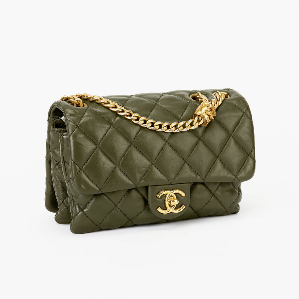 Chanel Medium Camellia Turnlock Flap Bag Olive Green Quilted Lambskin Leather Gold Hardware