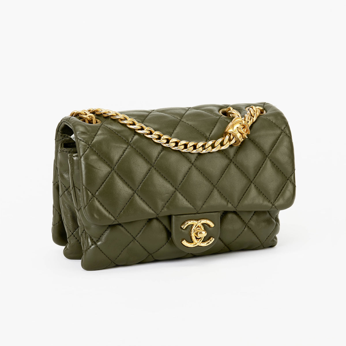 Chanel Medium Camellia Turnlock Flap Bag Olive Green Quilted Lambskin Leather Gold Hardware