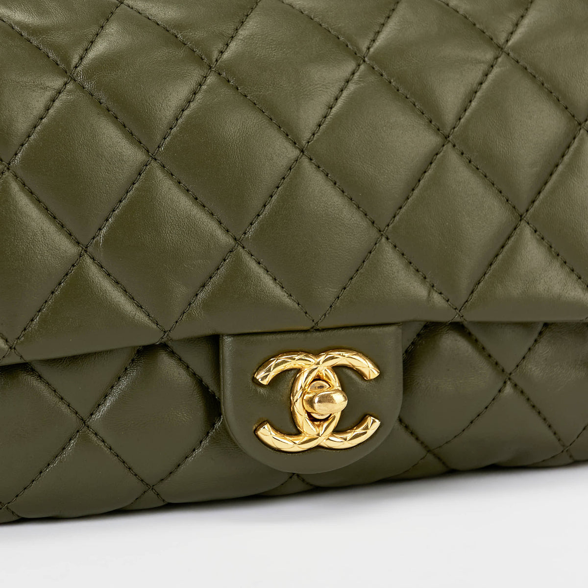 Chanel Medium Camellia Turnlock Flap Bag Olive Green Quilted Lambskin Leather Gold Hardware