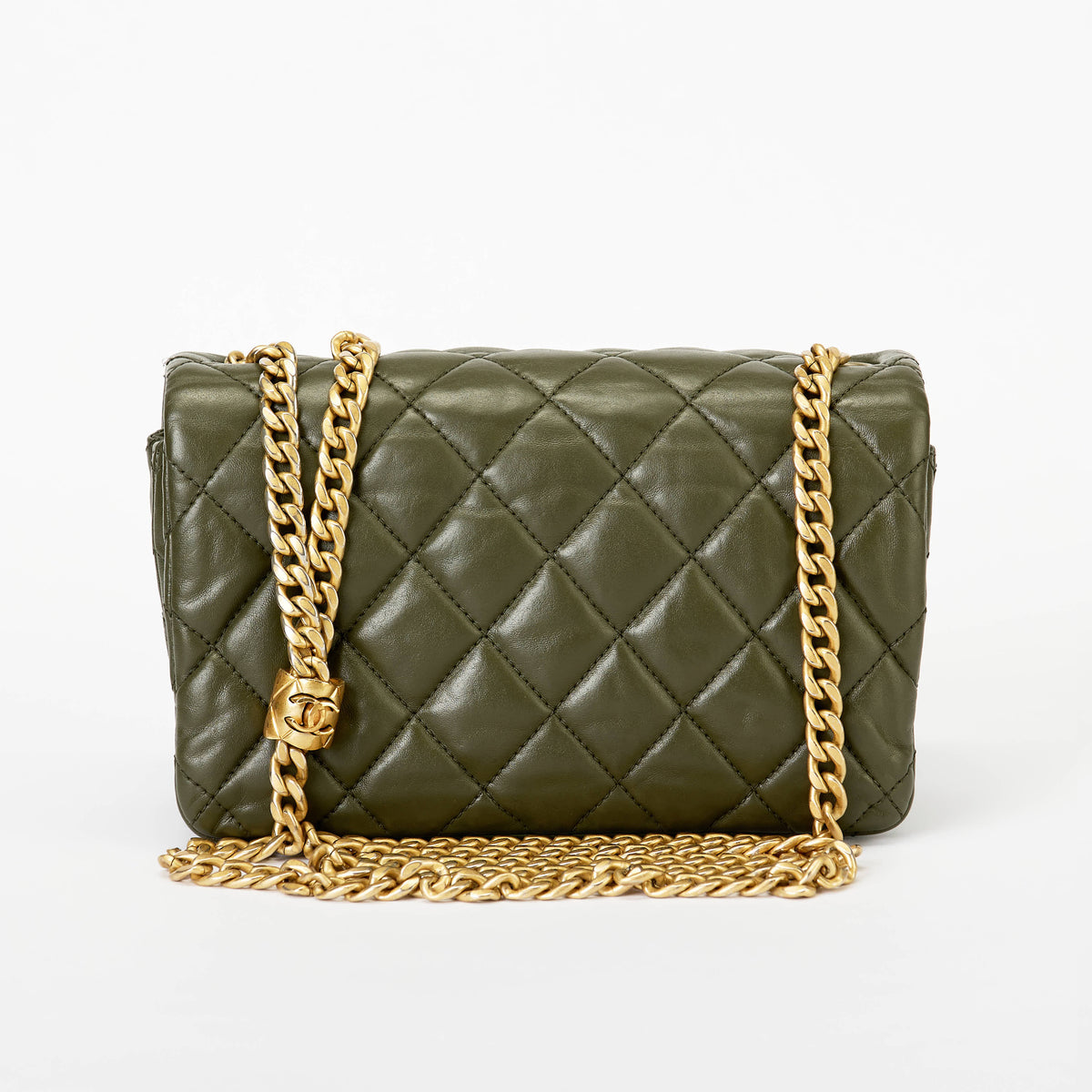 Chanel Medium Camellia Turnlock Flap Bag Olive Green Quilted Lambskin Leather Gold Hardware