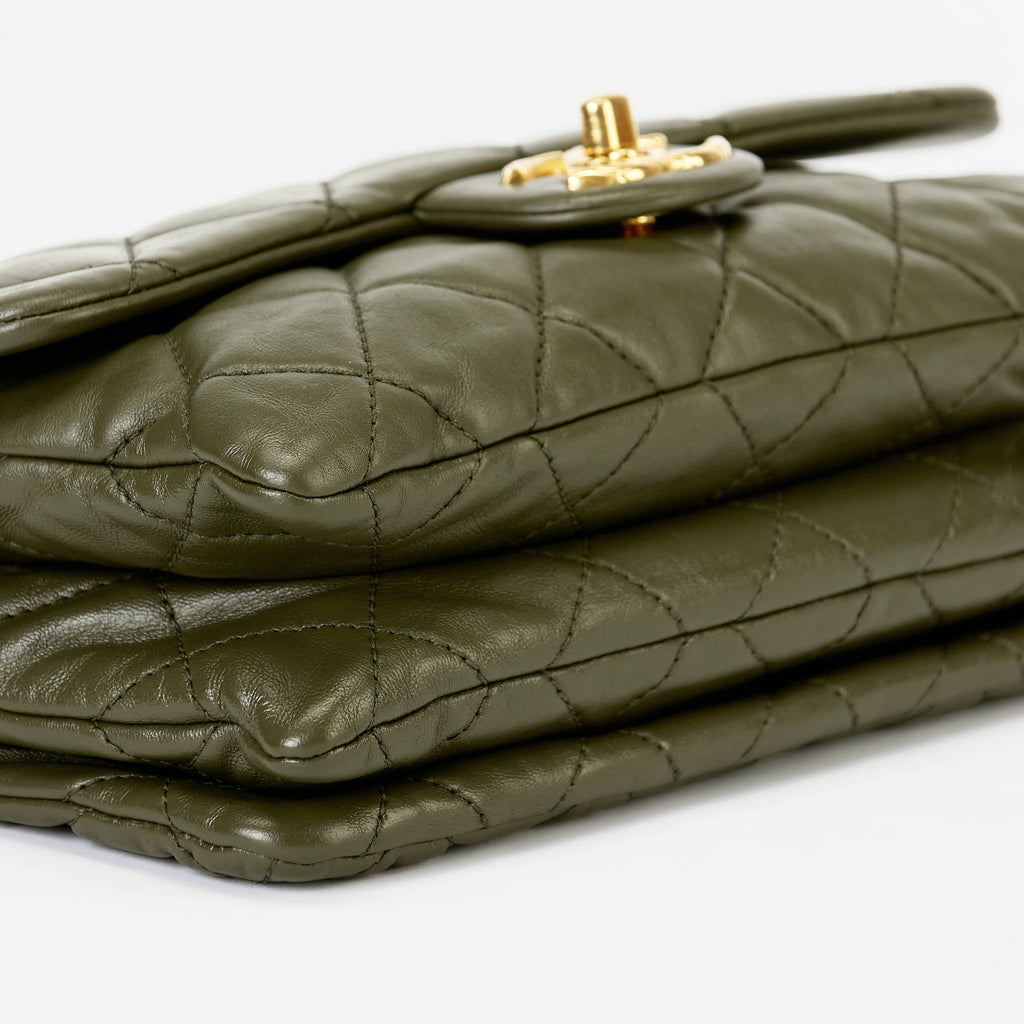 Chanel Medium Camellia Turnlock Flap Bag Olive Green Quilted Lambskin Leather Gold Hardware