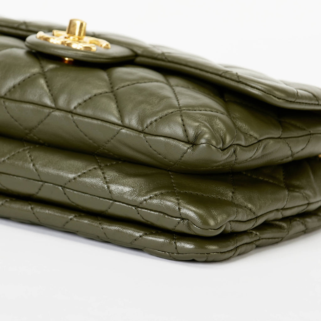 Chanel Medium Camellia Turnlock Flap Bag Olive Green Quilted Lambskin Leather Gold Hardware
