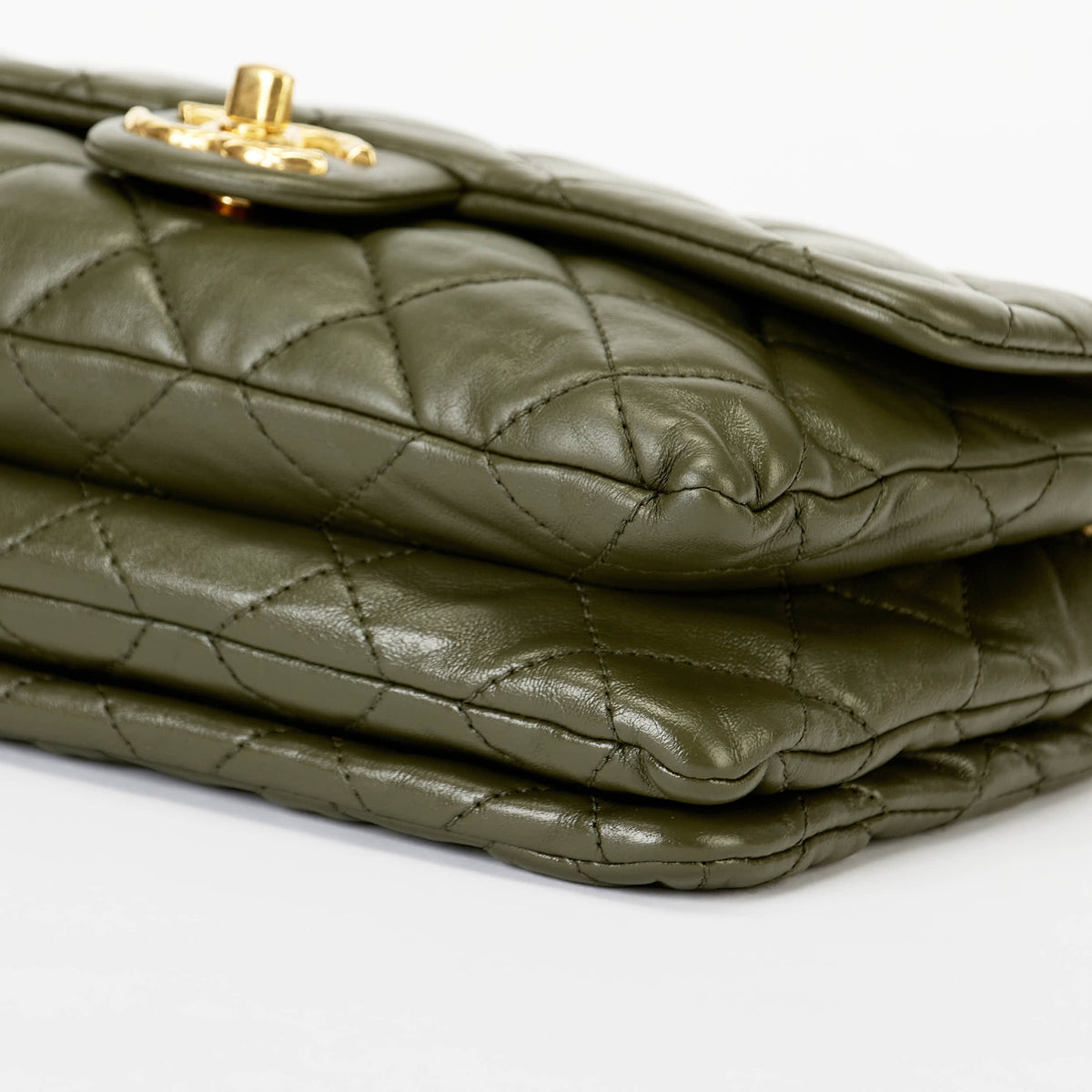 Chanel Medium Camellia Turnlock Flap Bag Olive Green Quilted Lambskin Leather Gold Hardware
